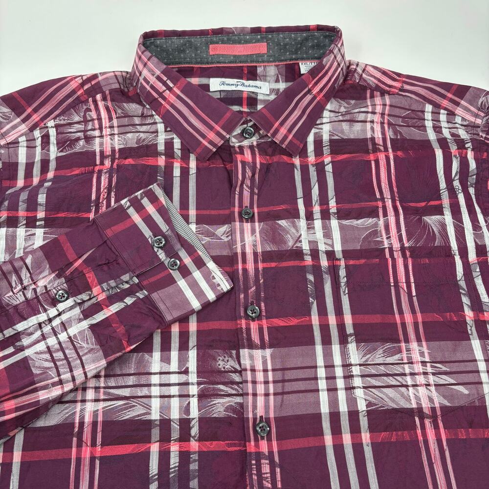 Tommy Bahama 2XL Purple White Plaid Floral Patterned Long Sleeve Button Up Shirt